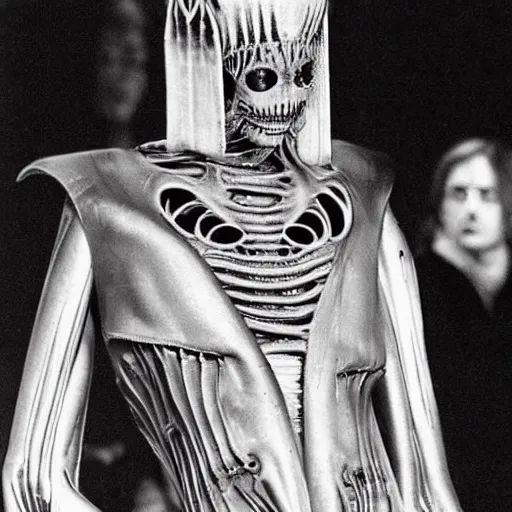 Prompt: H R Giger’s Alien, dressed in avant-garde outfit, posing on a runway