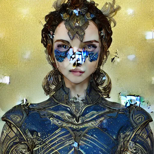 Image similar to portrait knights of Zodiac girl, white and metalic blue color reflected armor, in ruined Agora of Athens starry night, ssci-fi, fantasy, intricate, very very beautiful, elegant, golden light, highly detailed, digital painting, artstation, concept art, smooth, sharp focus, illustration, art by tian zi and WLOP and alphonse mucha