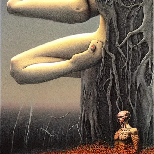 Image similar to Zdzisław Beksiński by Gerald Brom, landscape humans horror