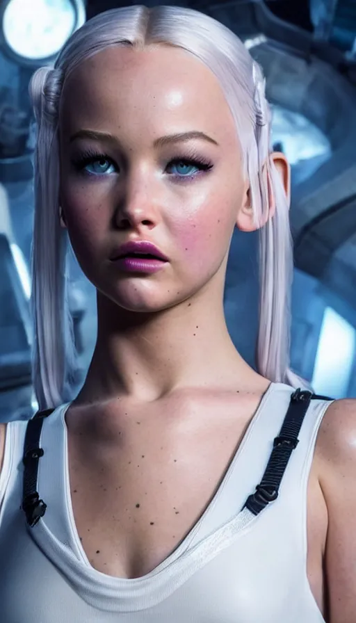 Image similar to a young woman who is a mix of dove cameron and madison beer and milla jovovich and jennifer lawrence stars as leeloo in the 2 0 2 4 remake of the 5 th element, wearing white scifi bandages, cinematic still, promotional photo, 8 k hdr, dramatic pose