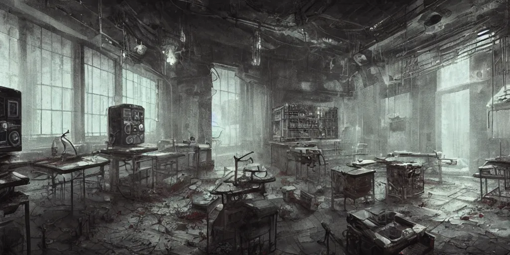Image similar to abandoned laboratory with vacuum tube computers, early xx century technology, dark atmosphere, intricate, elegant, highly detailed, urban decay, digital painting, artstation, concept art, smooth, sharp focus, octane render, dramatic lighting, volumetric lighting, cinematic lighting, art by zdislav beksinski and hans giger