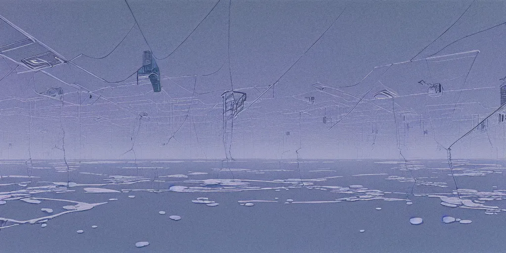 Image similar to grainy risograph matte painting of electric hooverboards flying over ice, a lot of mirror screens around, foggy, сovered web and cotton, by moebius, hyperrealism, intricate detailed