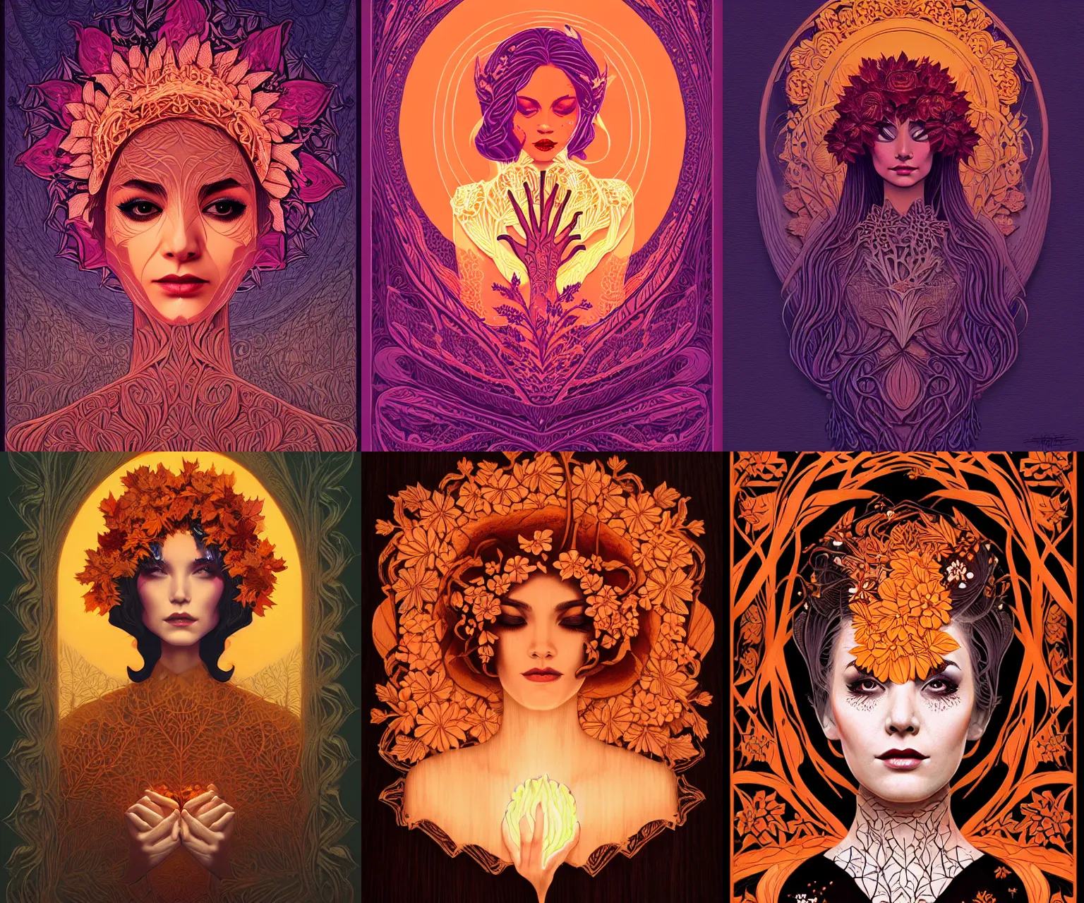 Prompt: autumn flower priestess liquid smoke portrait, carved wood lace flora, artgerm, radiant lighting, fantasy art, tom whalen