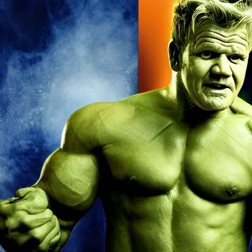 Image similar to Gordon Ramsay transforms into the Hulk, 4k, stock photo, realistic, full body