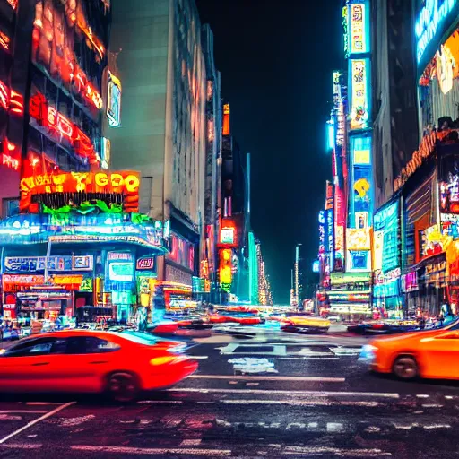 Image similar to color night shot of new york city street scene but it looks like tokyo japan, photorealistic,8k, XF IQ4, 150MP, 50mm, F1.4, ISO 200, 1/160s, natural light