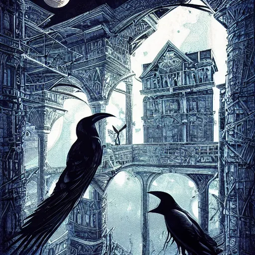 Image similar to crows at a architectural complex with an occult witch by Android Jones and M. C. Escher collaboration, futurist, digital art, dramatic lighting, symbolic