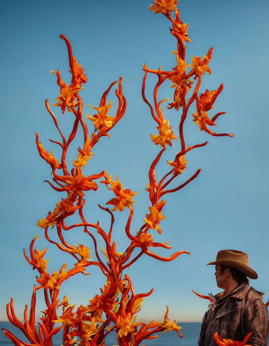 Prompt: a cowboy turning into blooms in real life. tropical sea slugs. bold complementary colors. volumetric lighting, beautiful, golden hour, sharp focus, ultra detailed. by leesha hannigan, ross tran, thierry doizon, kai carpenter, ignacio fernandez rios, noir art house, 4 k, 3 5 mm, fujifilm, sculpture by antonio canova