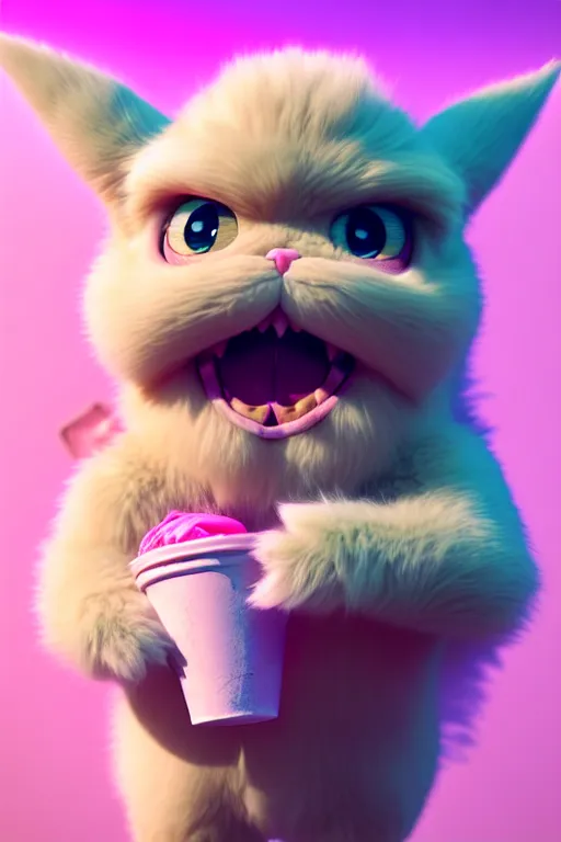 Image similar to high quality 3 d render hyperrealist very cute pastel fluffy! grumpy gargoyle cat hybrid eating giant ice cream full body, vray smooth, in the style of detective pikachu, hannah yata charlie immer, dramatic pink light, low angle, uhd 8 k, sharp focus