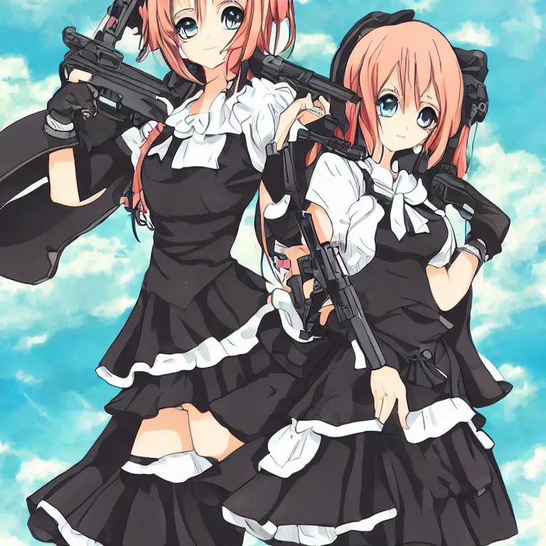 Image similar to beautiful illustration of anime maid holding machine gun, stunning and rich detail, pretty face and eyes, action pose