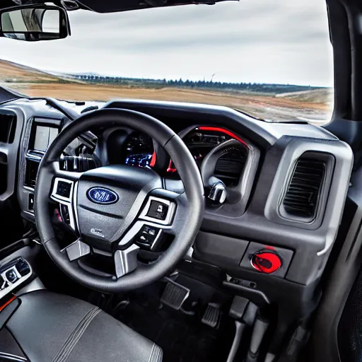 Image similar to the driver seat from a ford raptor in alberta, 4 k high - resolution photograph, ultra detail, hd photo