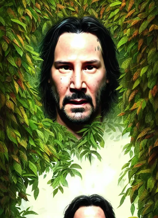 Image similar to highly detailed comedy caper movie poster with keanu reeves hiding in leaves, keanu reeves face inside a leafy bush by greg rutkowski