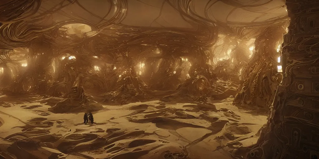 Image similar to luxury apartment interior, dune movie, intricate, elegant, highly detailed, john park, craig mullins, sparth, ruan jia, jeffrey catherine jones