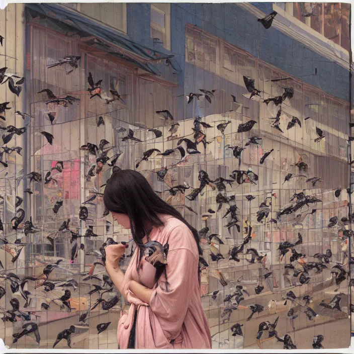 Image similar to a woman surrounded by birds, in a strip mall, color photograph, by john william waterhouse, canon eos c 3 0 0, ƒ 1. 8, 3 5 mm, 8 k, medium - format print