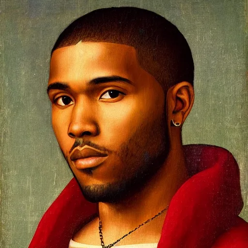 Image similar to a renaissance style portrait painting of frank ocean