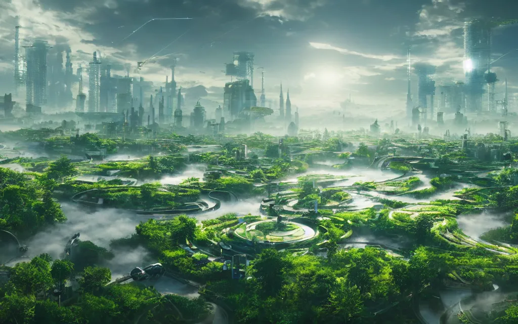 Image similar to a breathtaking view of a solarpunk city, green meadows and rivers, futuristic architecture, hyperrealism, octopath traveler, octane render, misty, highly rendered, global illumination, radiant light