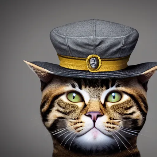 Prompt: a cat wearing a general\'s hat, it has an arrogant look and looks closely at you, epic full shot, cinematic lighting, matte painting, Artstationhd, 8k, , award winning on Artstation, hyper detailed, hyper realistic