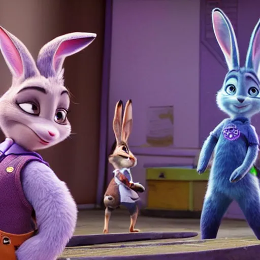 Prompt: a photograph of Tara Spencer-Nairn as Judy Hopps in the stage production of Zootopia