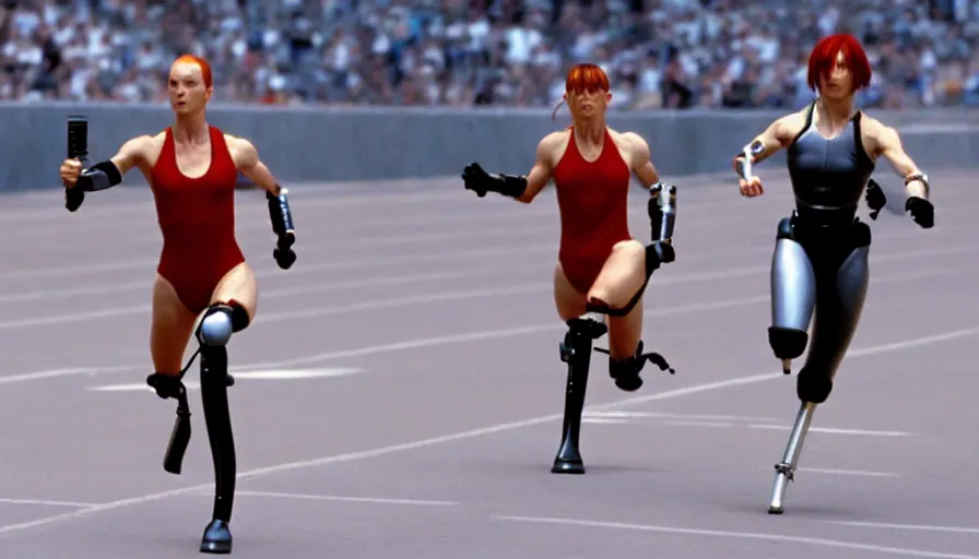 Image similar to The matrix, LeeLoo, Starship Troopers, Clarice Starling, The Olympics footage, hurdlers in a race with robotic legs, intense moment, cinematic stillframe, shot by Roger Deakins, The fifth element, vintage robotics, formula 1, starring Geena Davis, clean lighting
