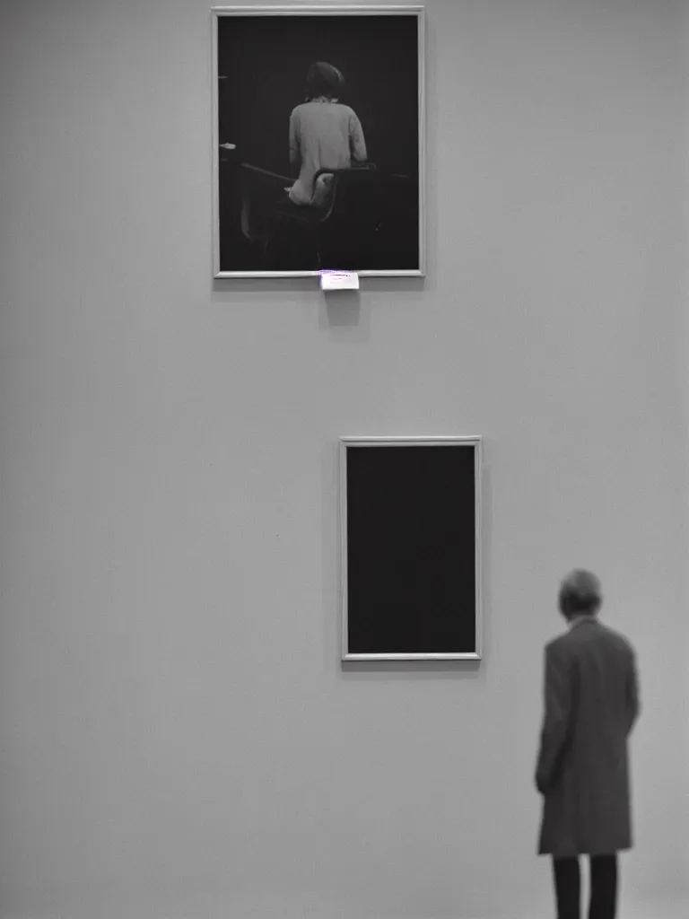 Prompt: someone seen from behind sitting in an empty gallery contemplating over a frame hanging at the opposite wall, photo taken with provia 1967