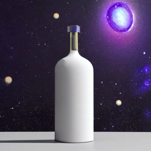 Image similar to Galaxy in a Bottle sitting on a white table in a brightened room, rendered by Erick Alexander Mercado Mazon, Xie Boli, Max Hay, Cameron Mark, and Hue Teo, artstation 3d, artstation render, artstation 3d render, 3d art, unreal engine 3d, octane 3d, blender 3d, 3d landscape, photorealistic imagery, photorealistic details, intricate, highly detailed, trending on artstation, 4k, 8k