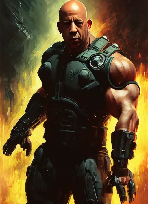 Image similar to vin diesel as victor stone, full body concept, cyborg, borg, strogg, face of a man, terminator, flesh, quake strogg, doom demon, wolfenstein, monstrous, powerful, symmetry, symmetrical, concept art by ruan jia and greg rutkowski