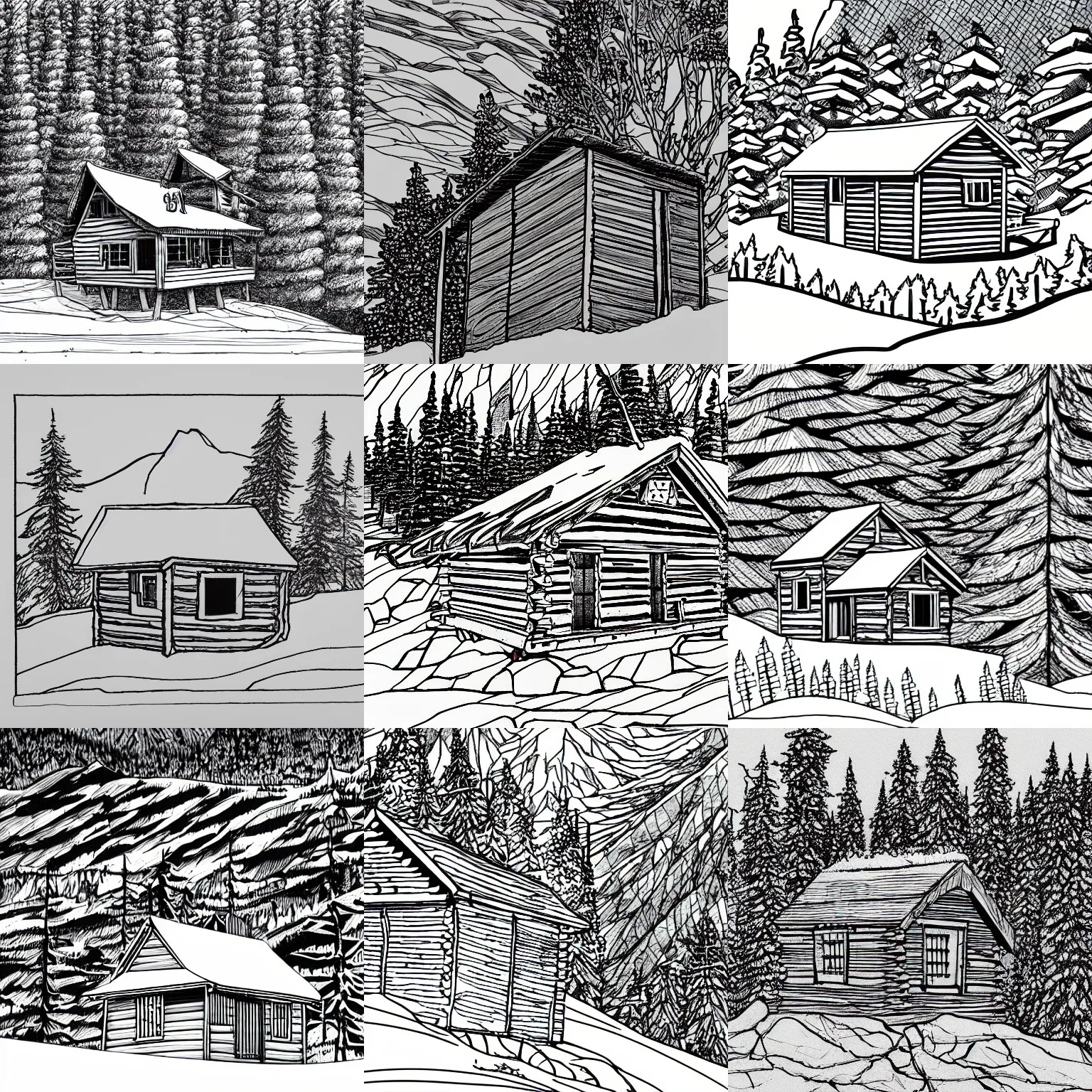 Prompt: cell shaded line drawing of a wooden cabin on a mountain peak in winter