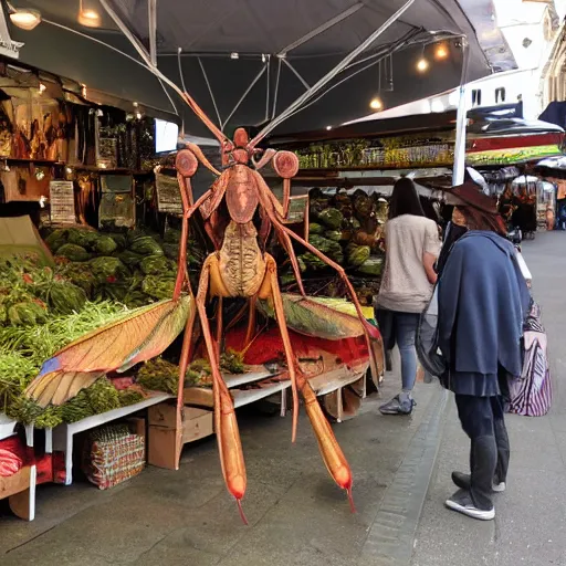 Prompt: Photorealistic human-sized Mantis religiosa shipping in medival street market