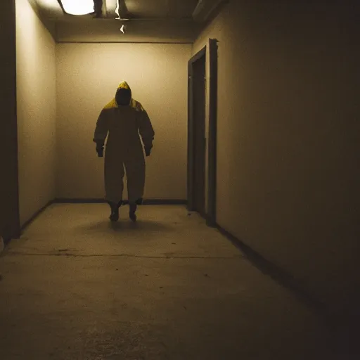 Image similar to a man wearing a yellow hazmat suit inside the very dark empty unsettling creepy backrooms, liminal space, flickering fluorescent lights, eerie mood