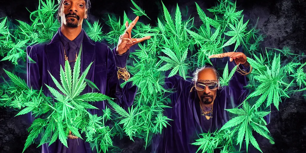 Prompt: snoop dogg as doctor strange, marijuana, marijuana leaves, green light, black suit!!!!!!, multiple dimensions, shattered glass, refractions, highly detailed, cinematic by francis tneh, marvel cinematic universe, mcu, photo