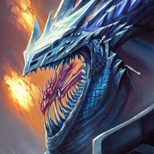 Image similar to blue scaled half man half dragon hybrid race paladin lightning spewing from his mouth on a pirate ship d & d, fantasy, highly detailed, headshot, digital painting, trending on artstation, concept art, sharp focus, illustration, art by artgerm and greg rutkowski and magali villeneuve