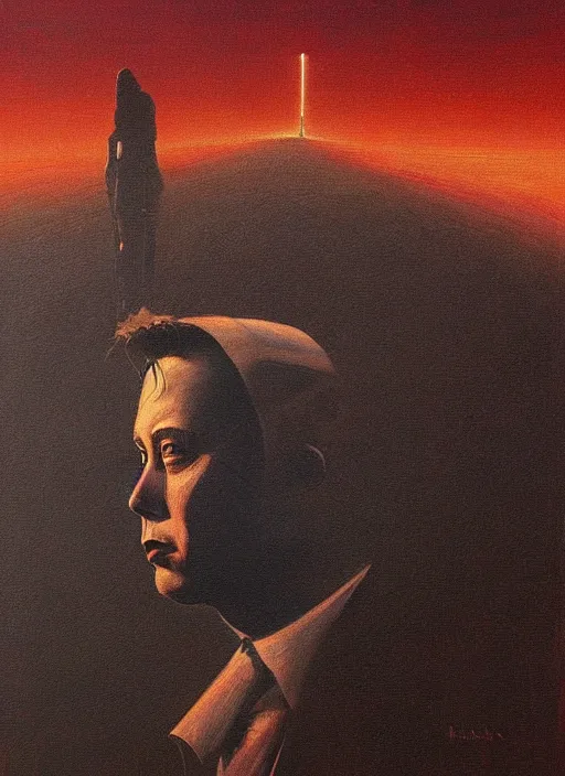 Prompt: A painting of Elon Musk in style of Beksinski. Very detailed