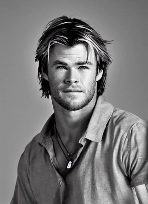 Image similar to an awkward school photo of chris hemsworth, style is 1 9 9 2, studio lighting, film