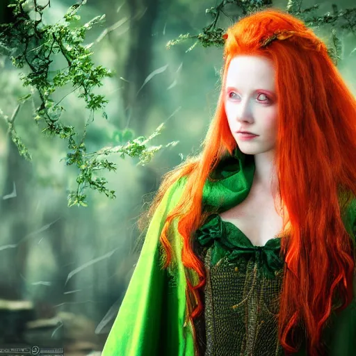 Prompt: a beautiful redheaded dnd sorceress wearing a green cloak, high resolution film still, 8k, HDR colors