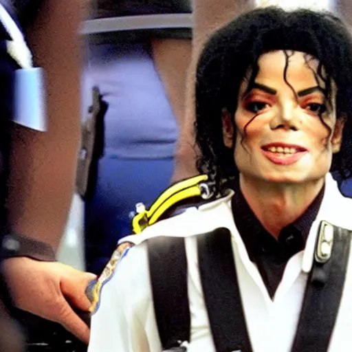 Prompt: bodycam footage of michael jackson getting arrested for faking his own death, wide angle, fisheye, uhd, 8 k, bodycam, award winning