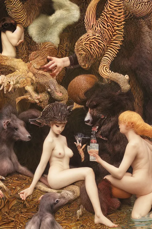 Image similar to a group of animals having a drink together by frantisek kupka, intricate, miles johnston, kuroda seiki, cynical realism, ozabu, john william godward, painterly, yoshitaka amano, moebius, miles johnston, louise zhang, james jean, mark ryden