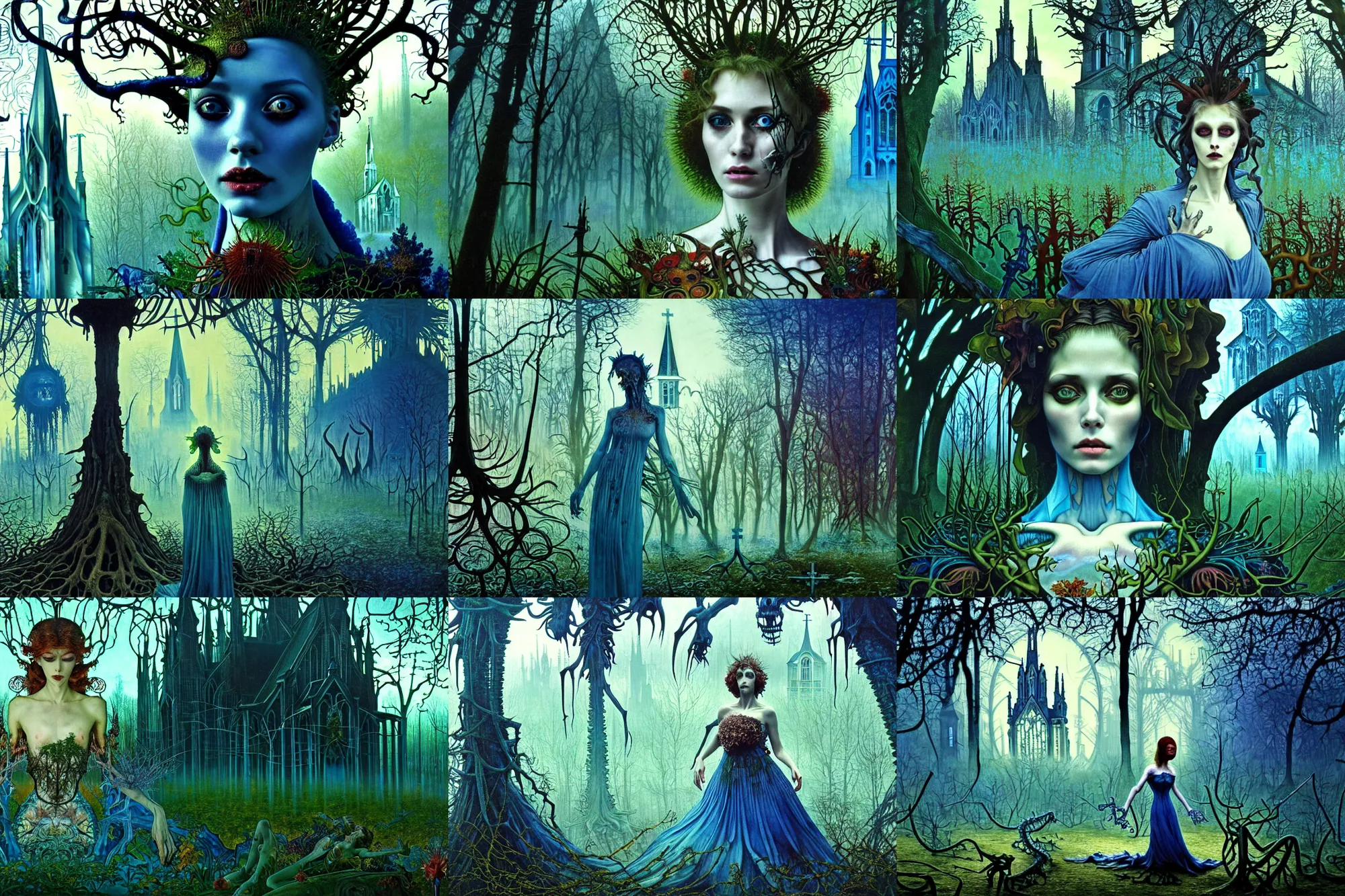 Prompt: realistic detailed closeup portrait movie shot of an beautiful elegant zombie, futuristic forest with a church in background by jean deville, amano, yves tanguy, denis villeneuve, ernst haeckel, alphonse mucha, max ernst, caravaggio, roger dean, masterpiece, rich moody colours, blue eyes