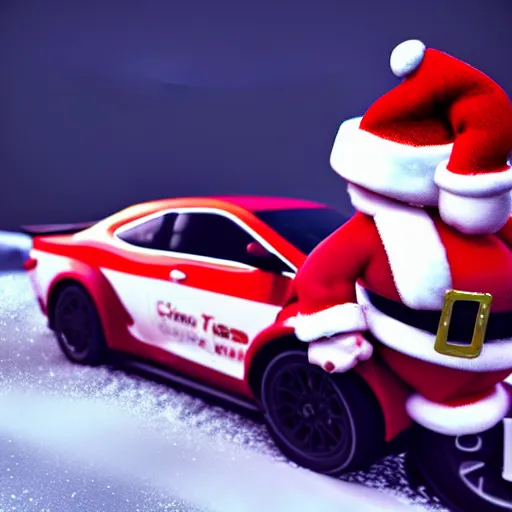 Prompt: Santa Clause driving a rally car he is going fast there is smoke coming from the tires there is snow on the track you can clearly see Santa Clause driving he is fat and jolly, octane render, realistic lighting, realistic shadows, highly reflective, photo realistic, hyper realistic