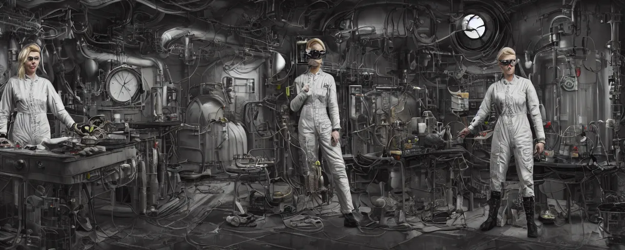 Image similar to illustration 3 / 4 portrait of tattooed stoic heroic emotionless butch blonde woman engineer with short slicked - back hair, wearing dark victorian goggles, working inside reactor room, awkward and uncomfortable and anxious, dirty, dynamic composition by ron cobb. industrial space program, scifi, hyper detailed. octane render. concept art. trending on artstation