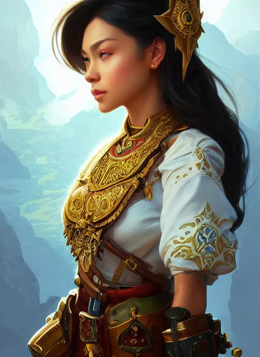 Image similar to portrait of russian mexican asian girl jodhpurs hyperborea lemuria, deep focus, d & d, fantasy, intricate, elegant, highly detailed, digital painting, artstation, concept art, matte, sharp focus, illustration, hearthstone, art by rhads by artgerm and greg rutkowski and alphonse mucha