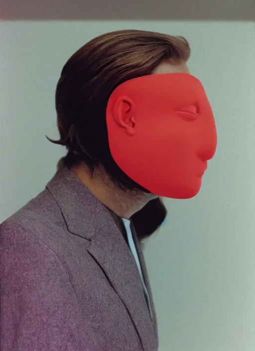 Prompt: a fashion portrait photograph of a man wearing a plastic mask designed by james turrell, 3 5 mm, color film camera,
