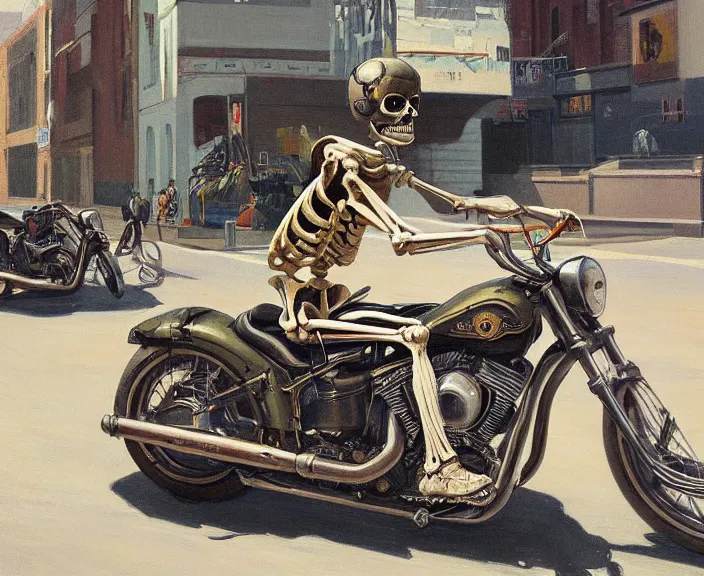 Prompt: a very detailed painting of a skeleton wearing a military jacket, riding a motorbike down a street, harley davidson motorbike, worm's - eye view, very fine brush strokes, very aesthetic, very futuristic, in the style of edward hopper and grant wood and syd mead, 4 k,