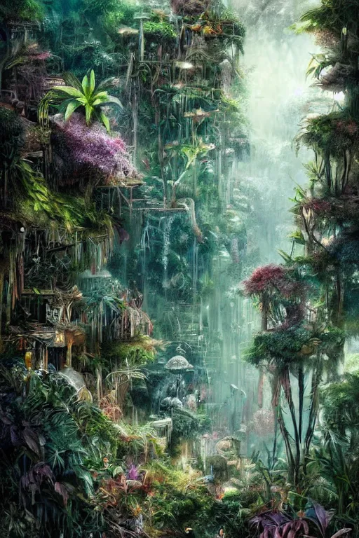 Prompt: the beauty of the jungle painted by mahmoud farshchian, mia brownell, very detailed, maximalism, ambient occlusion, volumetric light, atmospheric haze, hyper realism, cyberpunk shading, cinematic composition, realistic render, photorealistic, wide shot