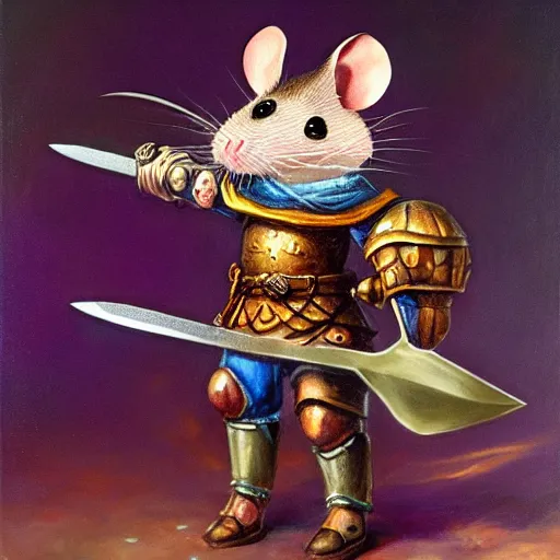 Image similar to armored mouse warrior holding a sword reaches for a floating purple crystal, Oil Painting, RPG Portrait, 8k scan