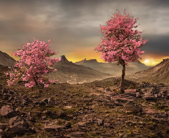 Image similar to 4 k hd, high detail photograph of blossoming tree in mordor landscape, apocalyptic scenery, shot with sigma f / 4. 2, 2 5 0 mm sharp lens, wide shot, consistent, volumetric lighting, high level texture render