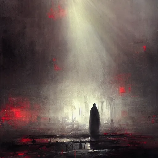 Image similar to Christ coming up from beneath blood red water, his eyes fixed toward the sky, his mouth agape, the sky is dark with god rays filtering through in the distance, a crowd looks on in silence in the far background, by Jeremy Mann, stylized, detailed, realistic, loose brush strokes