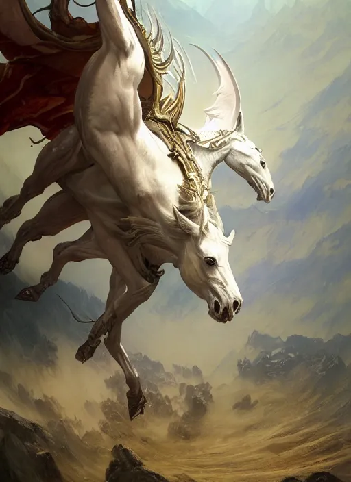 Prompt: white horse with wings. fantasy concept art. moody epic painting by james gurney, greg rutkowski, giger, maxim verehin and alphonso mucha. artstationhq. painting with vivid color. ( dragon age, witcher 3, lotr )
