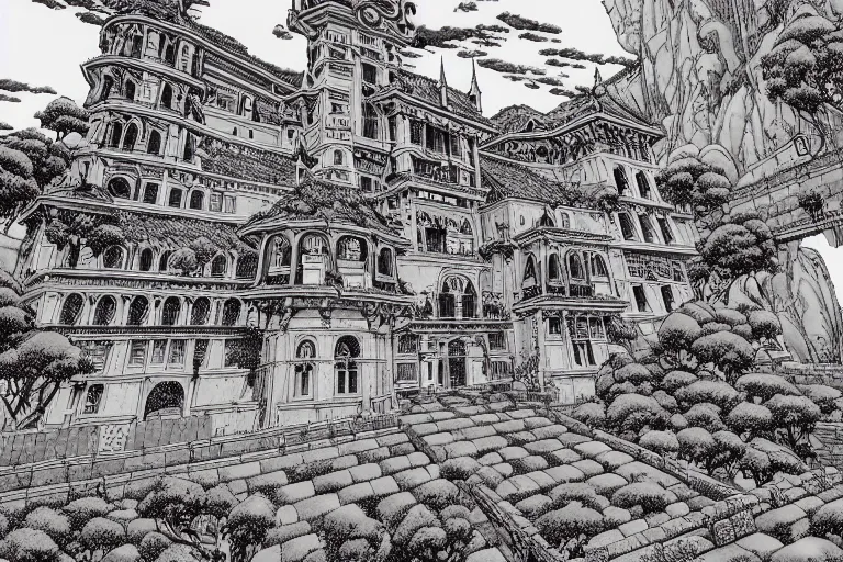 Image similar to establishing shot of a late renaissance castle on an island, key visual with intricate linework, in the style of moebius, ayami kojima, 9 0's anime, retro fantasy, studio ghibli