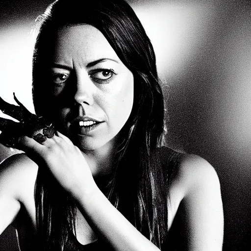 Image similar to aubrey plaza as witchblade by michael turner, studio lighting, depth of field, photography, black and white, highly detailed