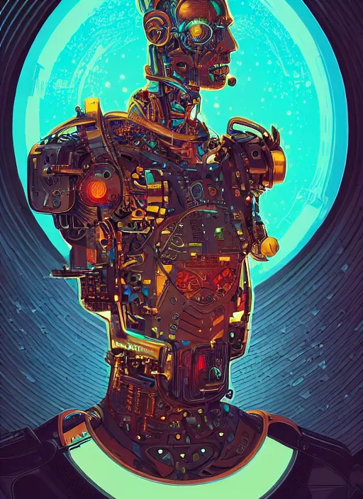 Prompt: a stunning portrait of a cyborg man from the future, digital art by Dan Mumford and Peter Mohrbacher, highly detailed, in the style of outrun