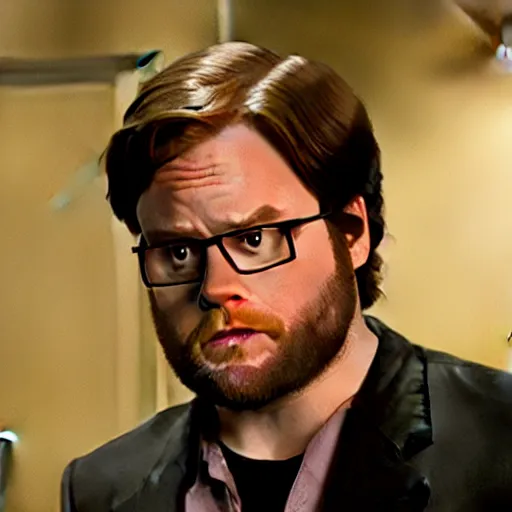 Image similar to cinematic scene with seth rogan as dwight schrute, dramatic, small details, volumetric lighting, still frame